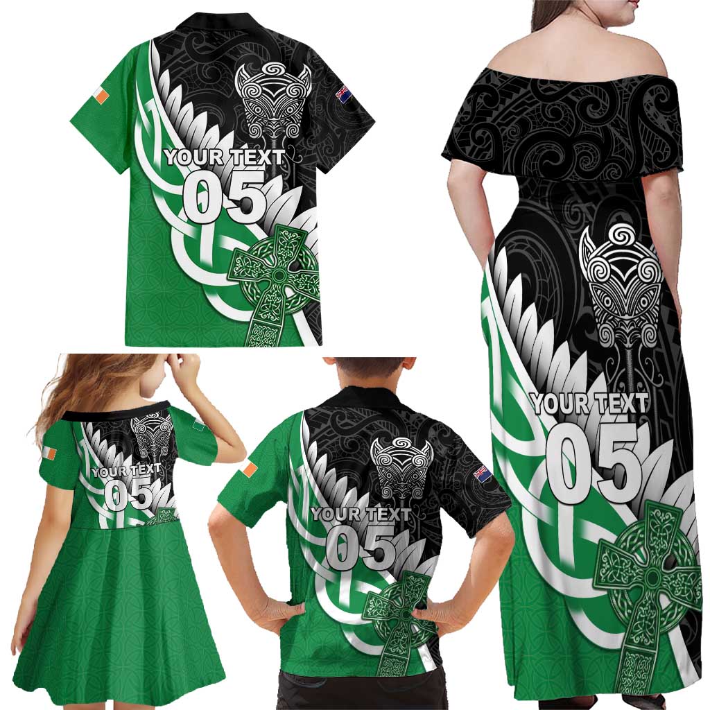 New Zealand And Ireland Rugby Custom Family Matching Off Shoulder Maxi Dress and Hawaiian Shirt Silver Fern With Celtic Cross LT05 - Polynesian Pride