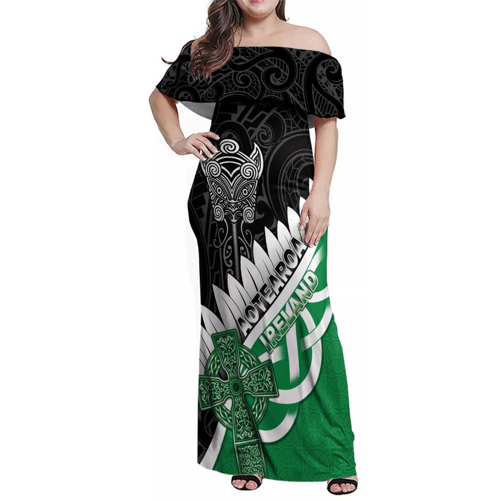 New Zealand And Ireland Rugby Custom Family Matching Off Shoulder Maxi Dress and Hawaiian Shirt Silver Fern With Celtic Cross LT05 Mom's Dress Green - Polynesian Pride