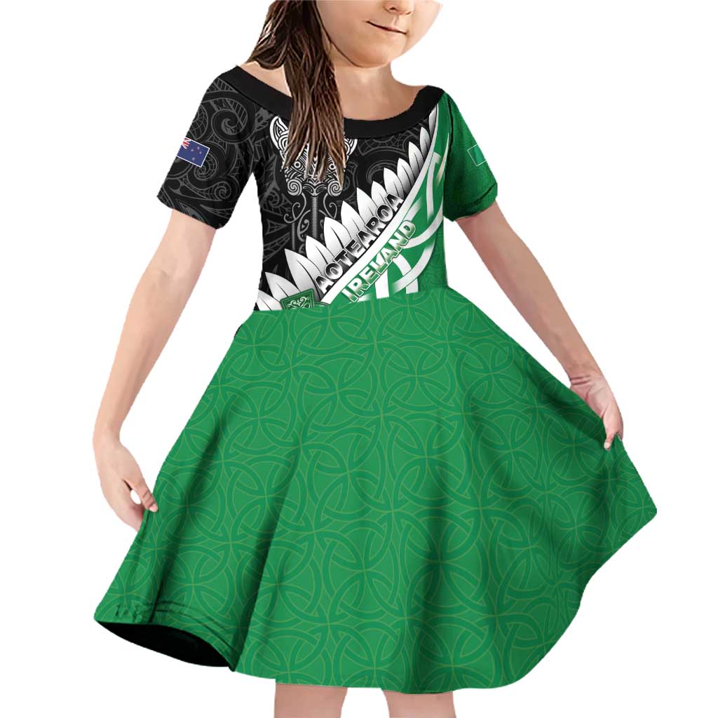 New Zealand And Ireland Rugby Custom Family Matching Off Shoulder Short Dress and Hawaiian Shirt Silver Fern With Celtic Cross LT05 Daughter's Dress Green - Polynesian Pride