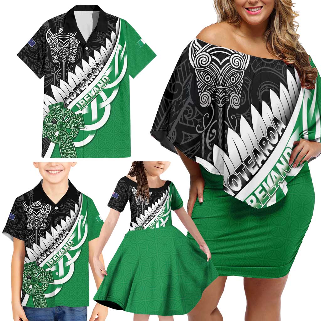 New Zealand And Ireland Rugby Custom Family Matching Off Shoulder Short Dress and Hawaiian Shirt Silver Fern With Celtic Cross LT05 - Polynesian Pride