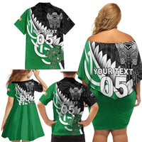 New Zealand And Ireland Rugby Custom Family Matching Off Shoulder Short Dress and Hawaiian Shirt Silver Fern With Celtic Cross LT05 - Polynesian Pride