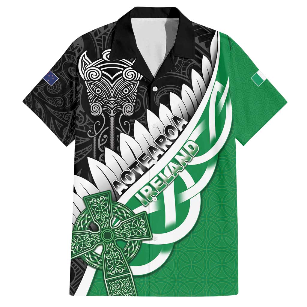 New Zealand And Ireland Rugby Custom Family Matching Off Shoulder Short Dress and Hawaiian Shirt Silver Fern With Celtic Cross LT05 Dad's Shirt - Short Sleeve Green - Polynesian Pride