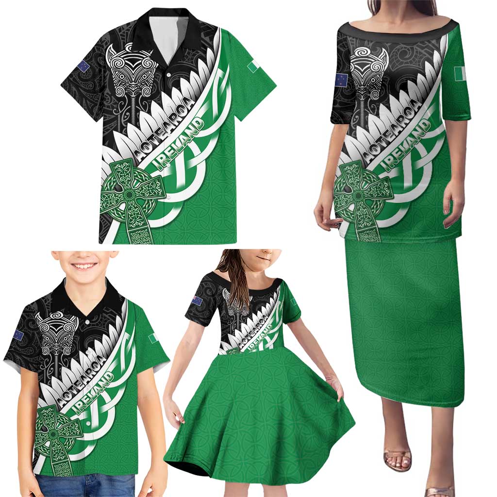 New Zealand And Ireland Rugby Custom Family Matching Puletasi and Hawaiian Shirt Silver Fern With Celtic Cross LT05 - Polynesian Pride