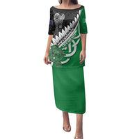 New Zealand And Ireland Rugby Custom Family Matching Puletasi and Hawaiian Shirt Silver Fern With Celtic Cross LT05 Mom's Dress Green - Polynesian Pride
