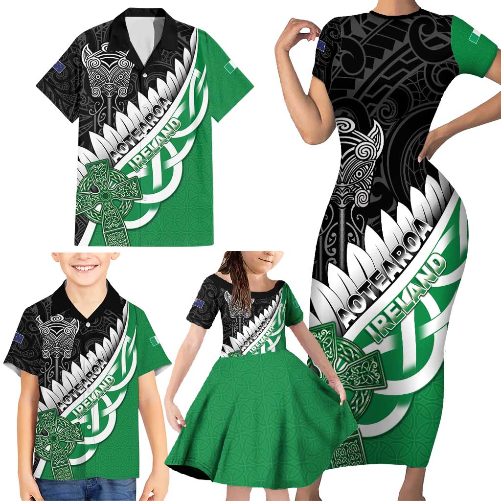 New Zealand And Ireland Rugby Custom Family Matching Short Sleeve Bodycon Dress and Hawaiian Shirt Silver Fern With Celtic Cross LT05 - Polynesian Pride