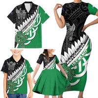 New Zealand And Ireland Rugby Custom Family Matching Short Sleeve Bodycon Dress and Hawaiian Shirt Silver Fern With Celtic Cross LT05 - Polynesian Pride