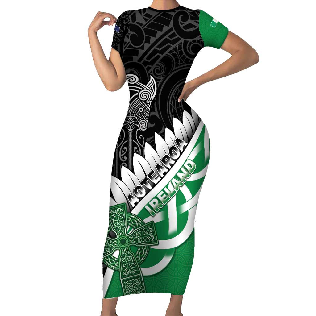 New Zealand And Ireland Rugby Custom Family Matching Short Sleeve Bodycon Dress and Hawaiian Shirt Silver Fern With Celtic Cross LT05 Mom's Dress Green - Polynesian Pride