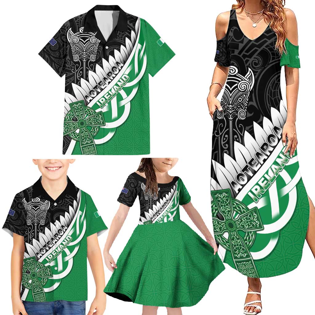 New Zealand And Ireland Rugby Custom Family Matching Summer Maxi Dress and Hawaiian Shirt Silver Fern With Celtic Cross LT05 - Polynesian Pride
