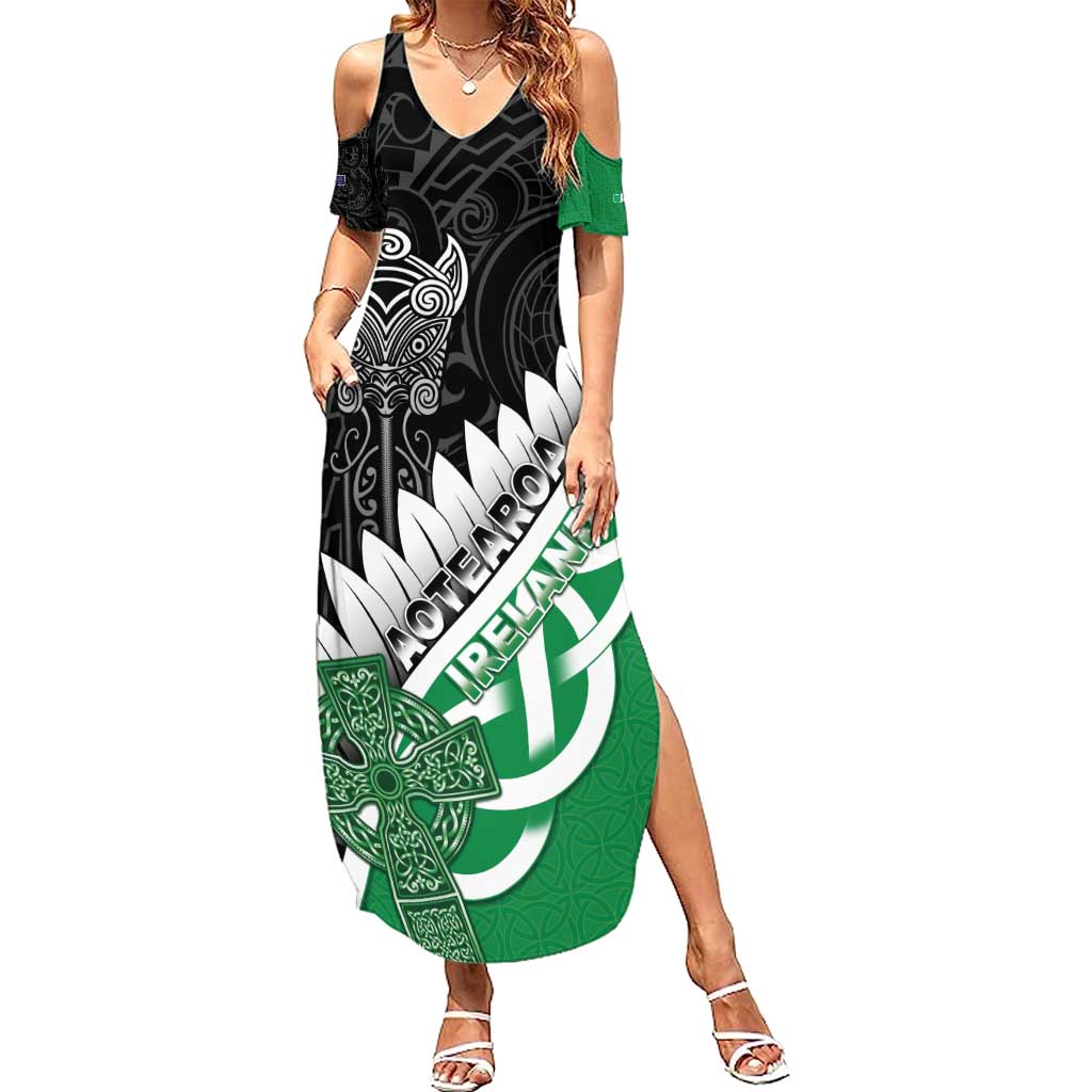 New Zealand And Ireland Rugby Custom Family Matching Summer Maxi Dress and Hawaiian Shirt Silver Fern With Celtic Cross LT05 Mom's Dress Green - Polynesian Pride