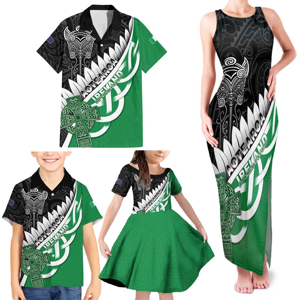 New Zealand And Ireland Rugby Custom Family Matching Tank Maxi Dress and Hawaiian Shirt Silver Fern With Celtic Cross LT05 - Polynesian Pride