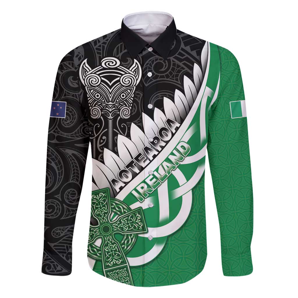 New Zealand And Ireland Rugby Custom Family Matching Tank Maxi Dress and Hawaiian Shirt Silver Fern With Celtic Cross LT05 Dad's Shirt - Long Sleeve Green - Polynesian Pride