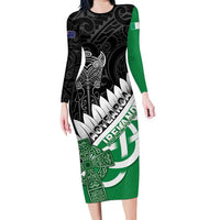 New Zealand And Ireland Rugby Custom Long Sleeve Bodycon Dress Silver Fern With Celtic Cross LT05 Long Dress Green - Polynesian Pride