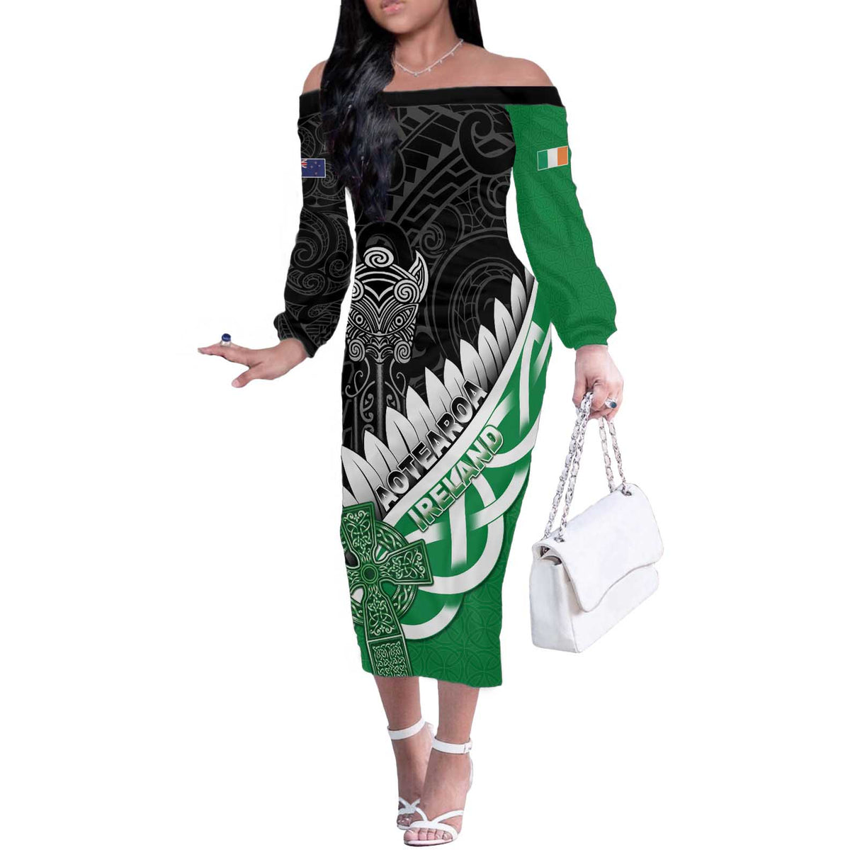 New Zealand And Ireland Rugby Custom Off The Shoulder Long Sleeve Dress Silver Fern With Celtic Cross LT05 Women Green - Polynesian Pride