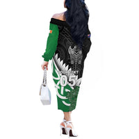 New Zealand And Ireland Rugby Custom Off The Shoulder Long Sleeve Dress Silver Fern With Celtic Cross LT05 - Polynesian Pride