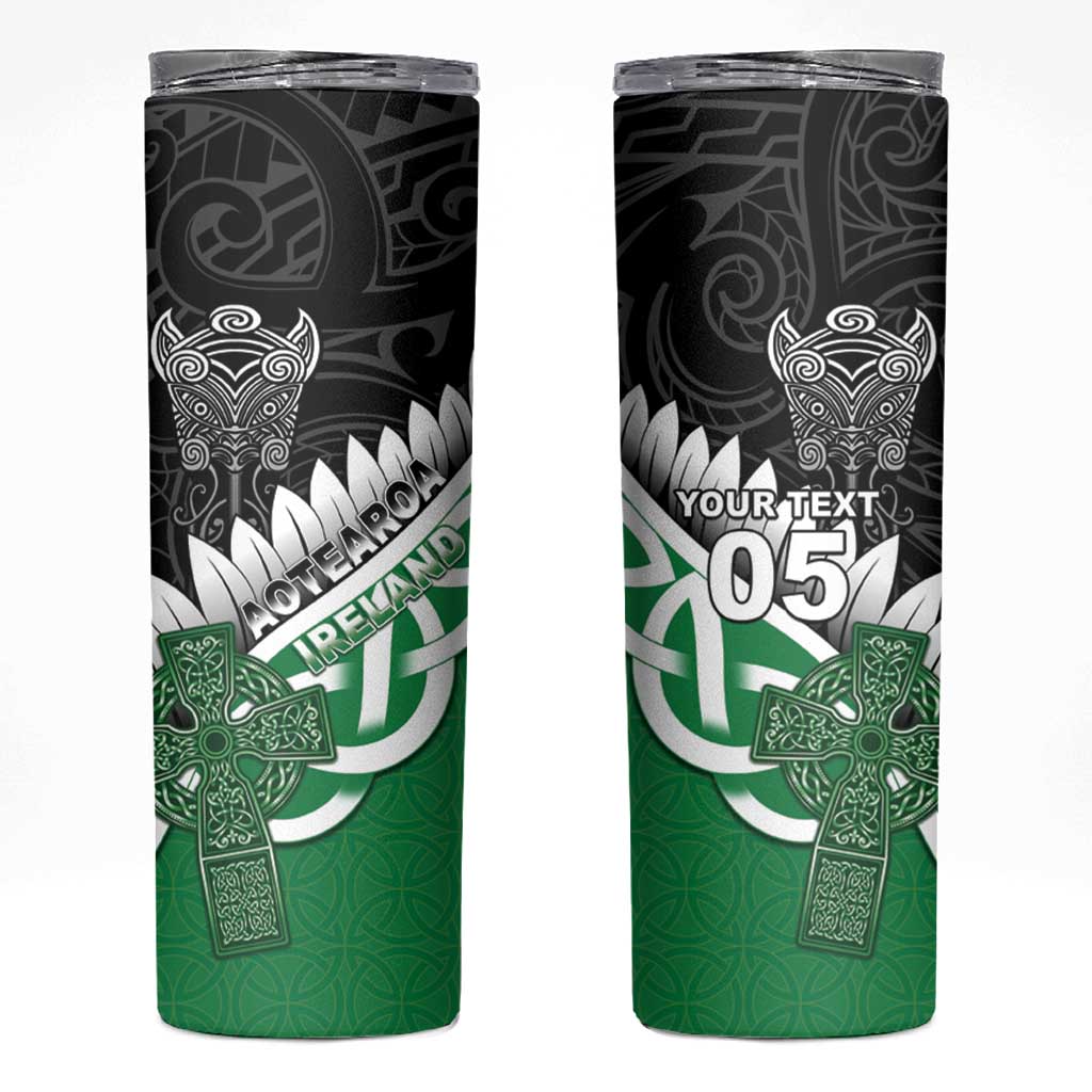 New Zealand And Ireland Rugby Custom Skinny Tumbler Silver Fern With Celtic Cross LT05 Green - Polynesian Pride