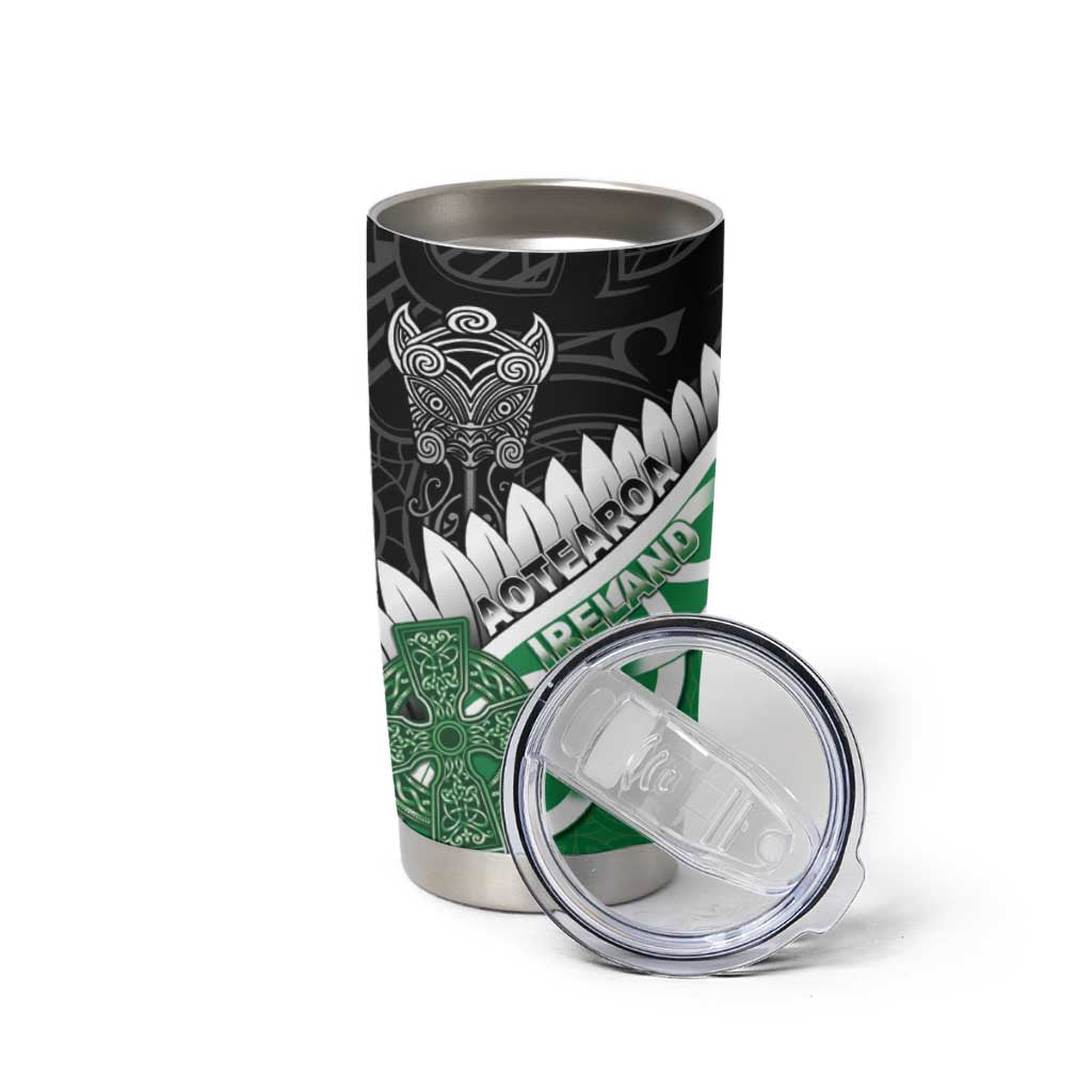 New Zealand And Ireland Rugby Custom Tumbler Cup Silver Fern With Celtic Cross