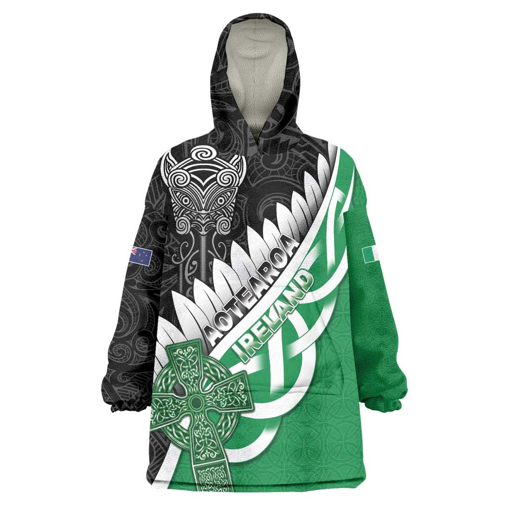 New Zealand And Ireland Rugby Custom Wearable Blanket Hoodie Silver Fern With Celtic Cross LT05 One Size Green - Polynesian Pride