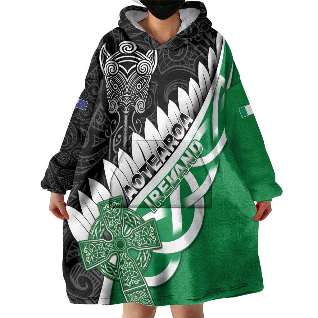 New Zealand And Ireland Rugby Custom Wearable Blanket Hoodie Silver Fern With Celtic Cross LT05 - Polynesian Pride