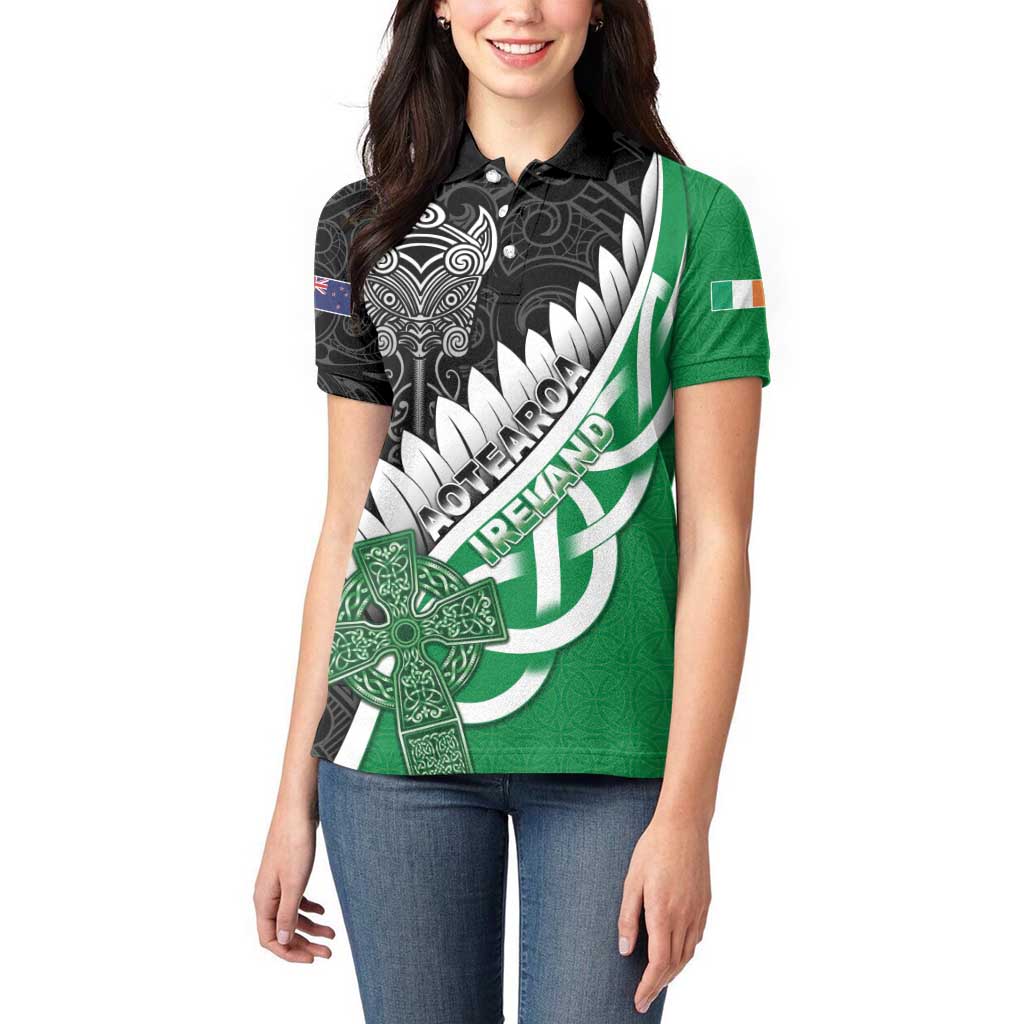 New Zealand And Ireland Rugby Custom Women Polo Shirt Silver Fern With Celtic Cross LT05 - Polynesian Pride