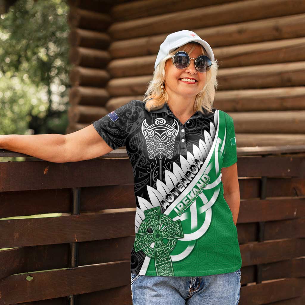 New Zealand And Ireland Rugby Custom Women Polo Shirt Silver Fern With Celtic Cross LT05 - Polynesian Pride