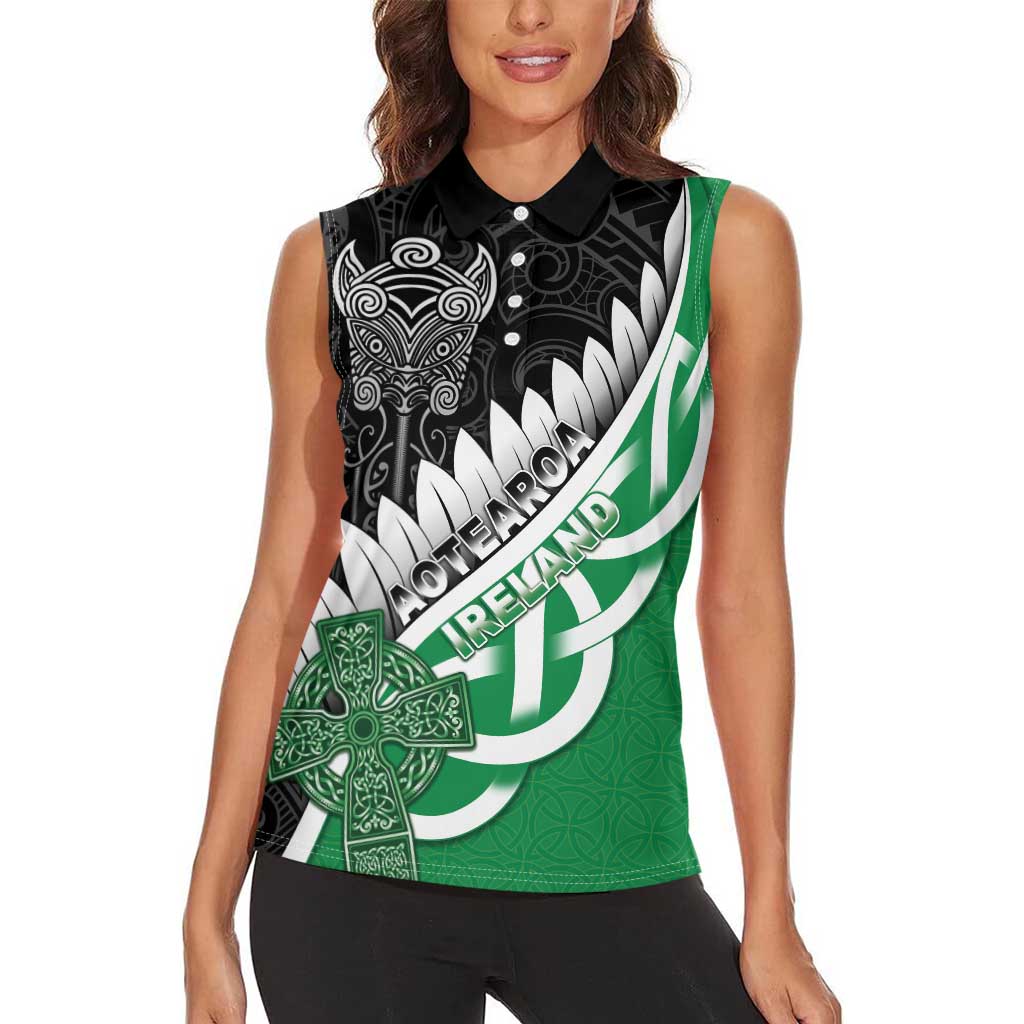 New Zealand And Ireland Rugby Custom Women Sleeveless Polo Shirt Silver Fern With Celtic Cross LT05 - Polynesian Pride