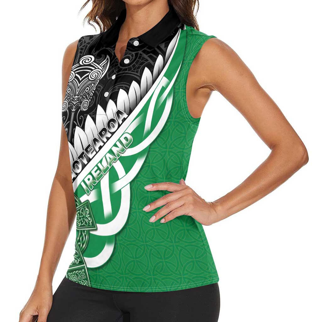 New Zealand And Ireland Rugby Custom Women Sleeveless Polo Shirt Silver Fern With Celtic Cross LT05 - Polynesian Pride