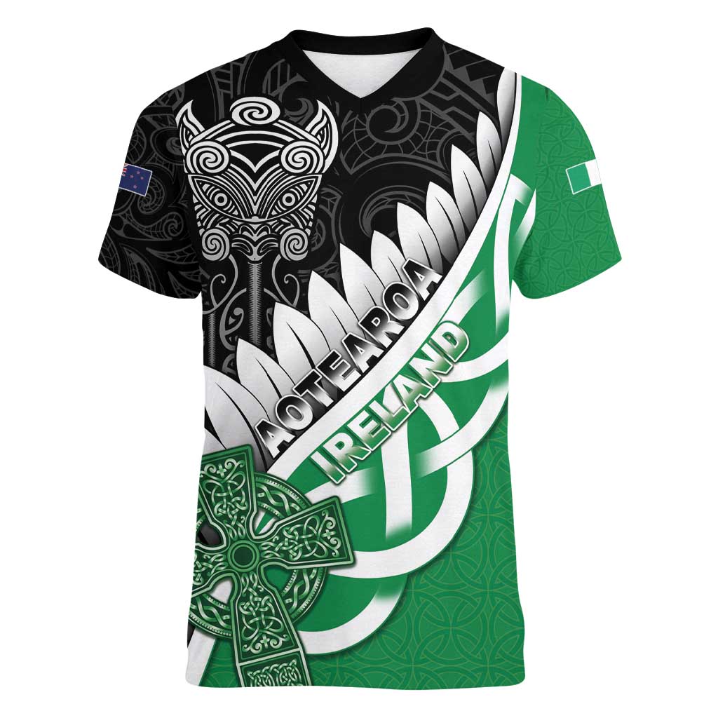 New Zealand And Ireland Rugby Custom Women V-Neck T-Shirt Silver Fern With Celtic Cross