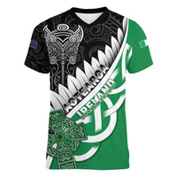 New Zealand And Ireland Rugby Custom Women V-Neck T-Shirt Silver Fern With Celtic Cross LT05 Female Green - Polynesian Pride