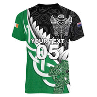 New Zealand And Ireland Rugby Custom Women V-Neck T-Shirt Silver Fern With Celtic Cross LT05 - Polynesian Pride