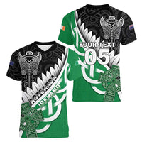 New Zealand And Ireland Rugby Custom Women V-Neck T-Shirt Silver Fern With Celtic Cross LT05 - Polynesian Pride