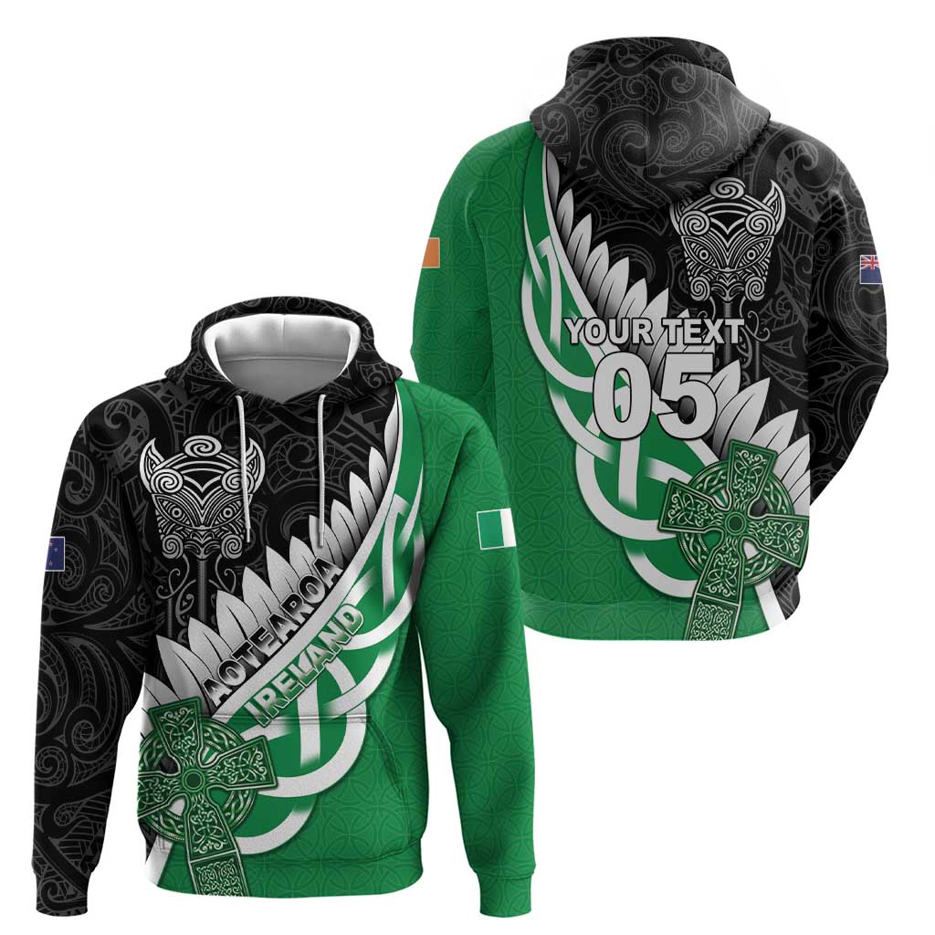 New Zealand And Ireland Rugby Custom Zip Hoodie Silver Fern With Celtic Cross