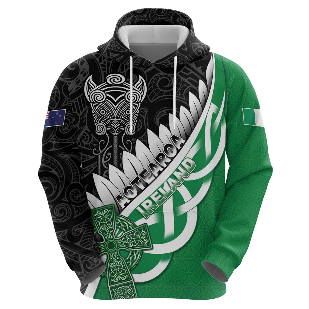 New Zealand And Ireland Rugby Custom Zip Hoodie Silver Fern With Celtic Cross