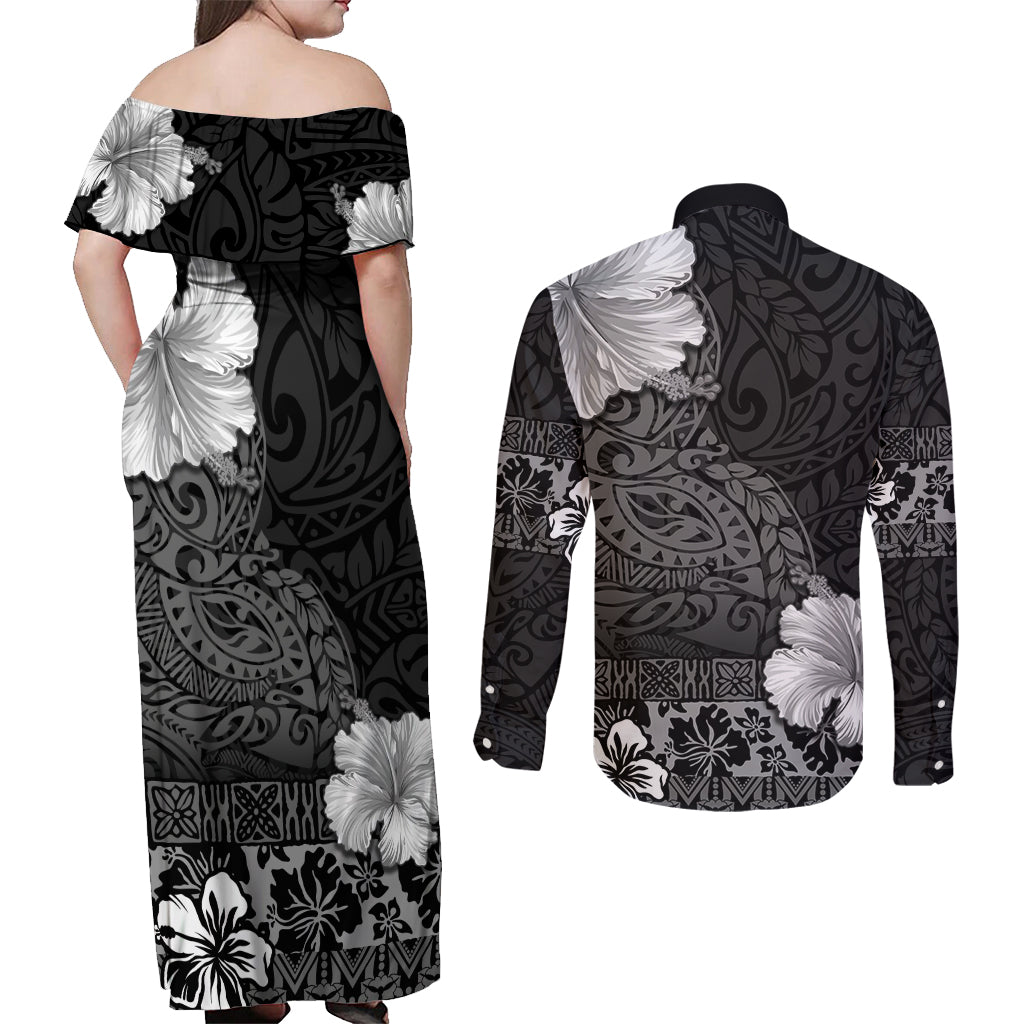 Hawaii Hibiscus With Black Polynesian Pattern Couples Matching Off Shoulder Maxi Dress and Long Sleeve Button Shirt