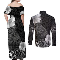 Hawaii Hibiscus With Black Polynesian Pattern Couples Matching Off Shoulder Maxi Dress and Long Sleeve Button Shirt