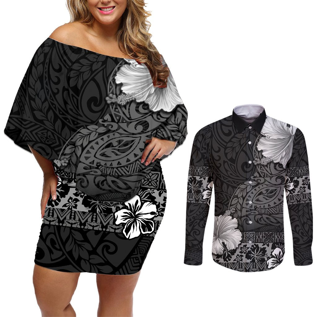 Hawaii Hibiscus With Black Polynesian Pattern Couples Matching Off Shoulder Short Dress and Long Sleeve Button Shirt