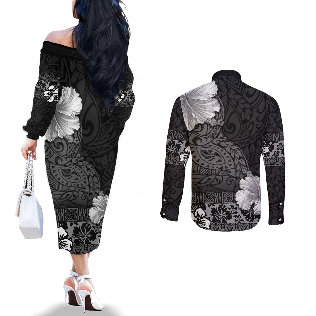 Hawaii Hibiscus With Black Polynesian Pattern Couples Matching Off The Shoulder Long Sleeve Dress and Long Sleeve Button Shirt