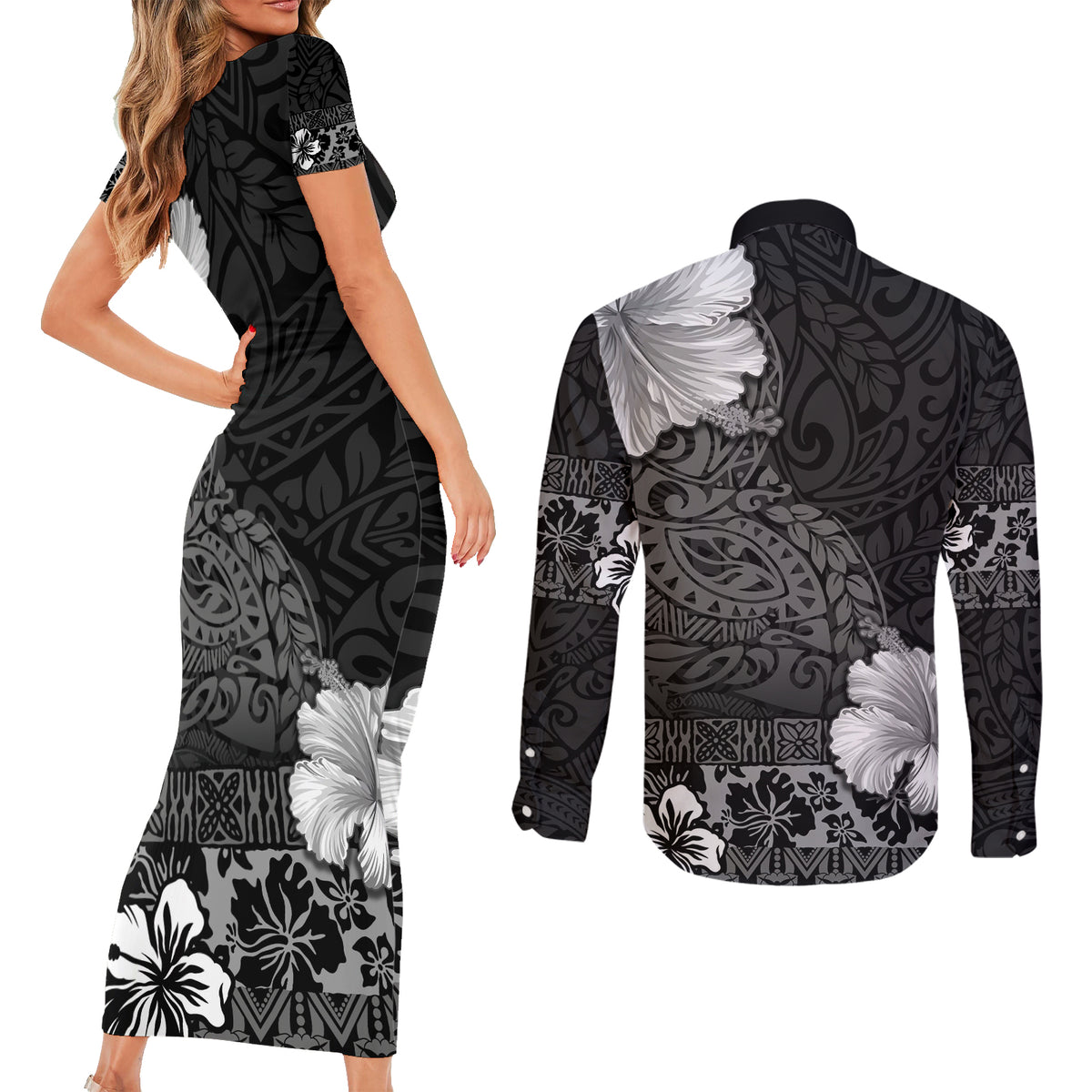 Hawaii Hibiscus With Black Polynesian Pattern Couples Matching Short Sleeve Bodycon Dress and Long Sleeve Button Shirt