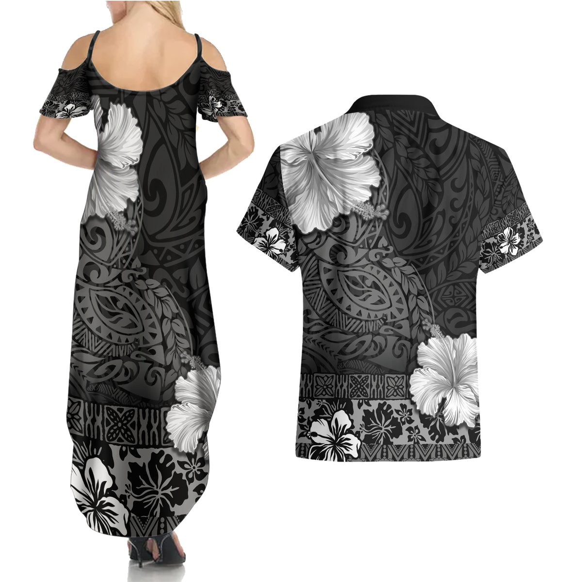 Hawaii Hibiscus With Black Polynesian Pattern Couples Matching Summer Maxi Dress and Hawaiian Shirt