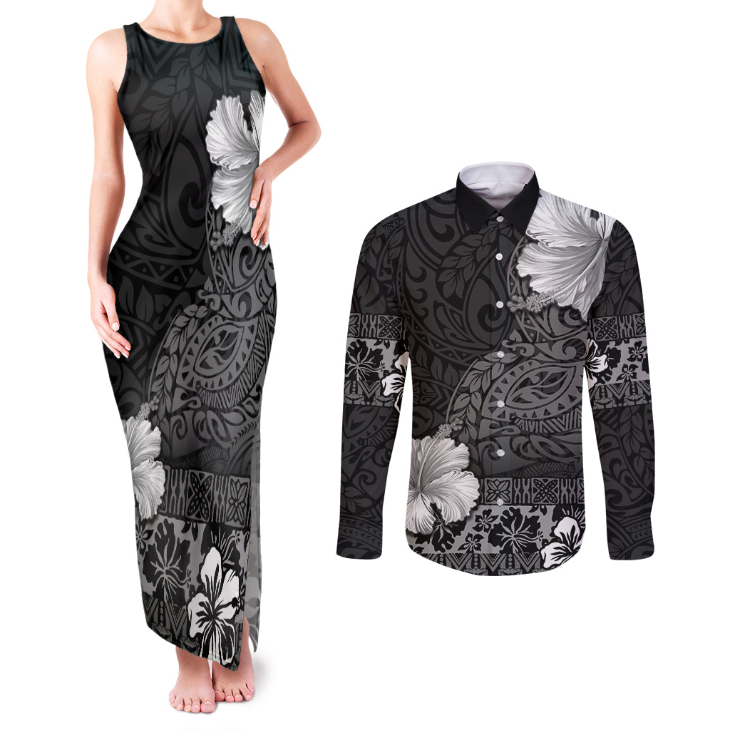 Hawaii Hibiscus With Black Polynesian Pattern Couples Matching Tank Maxi Dress and Long Sleeve Button Shirt