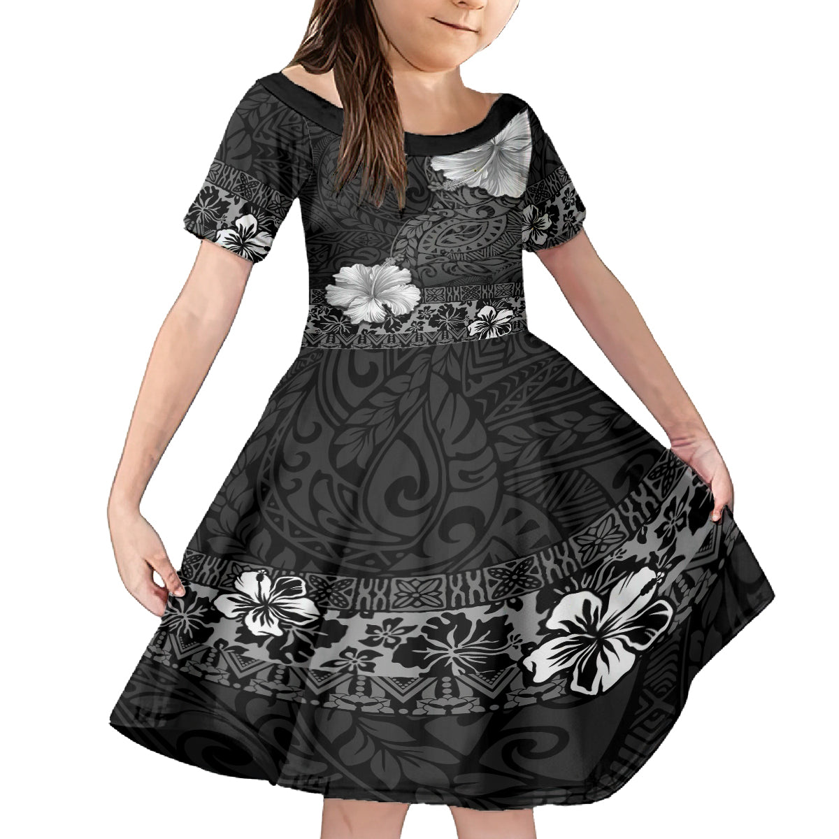 Hawaii Hibiscus With Black Polynesian Pattern Family Matching Puletasi and Hawaiian Shirt LT05 Daughter's Dress Black - Polynesian Pride
