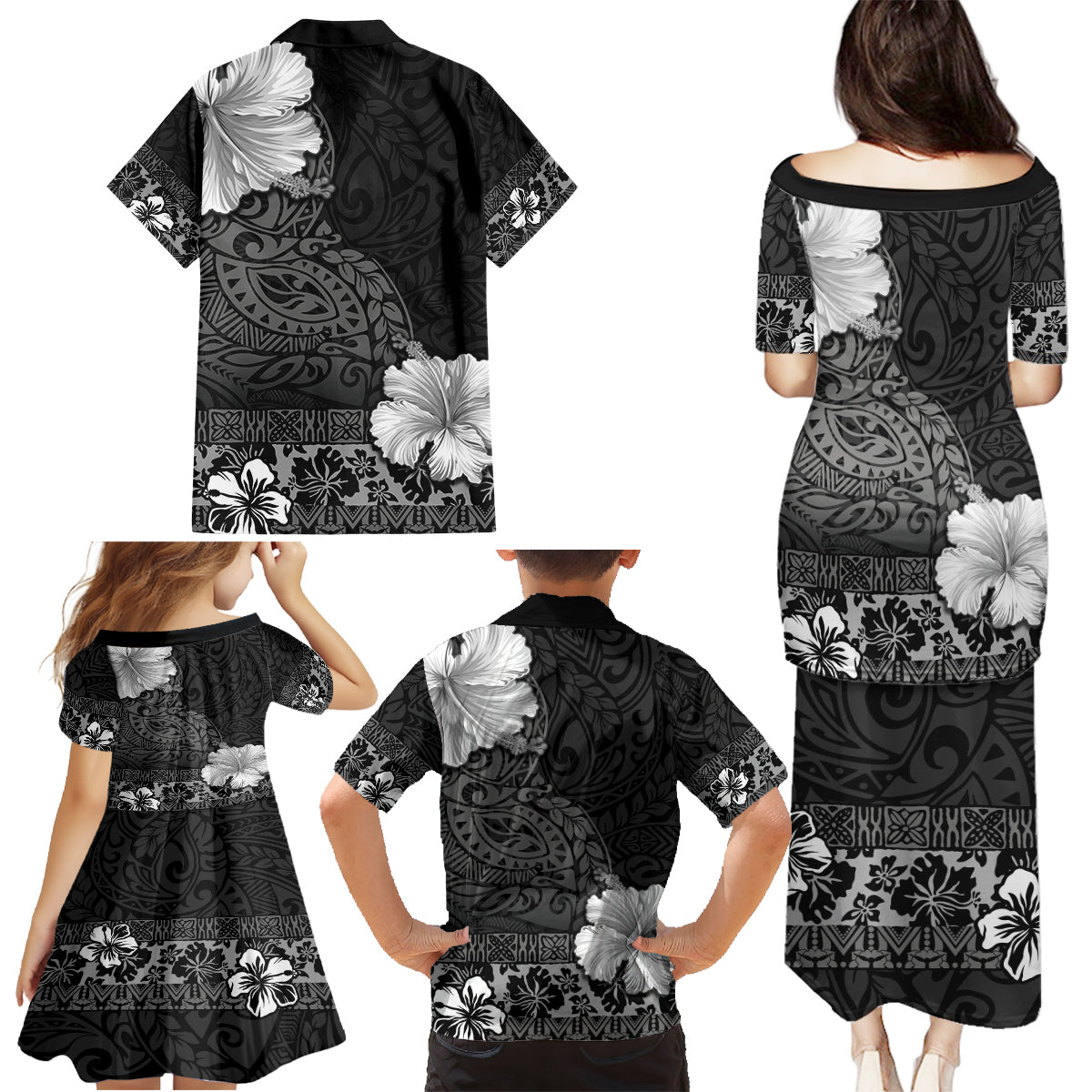Hawaii Hibiscus With Black Polynesian Pattern Family Matching Puletasi and Hawaiian Shirt LT05 - Polynesian Pride