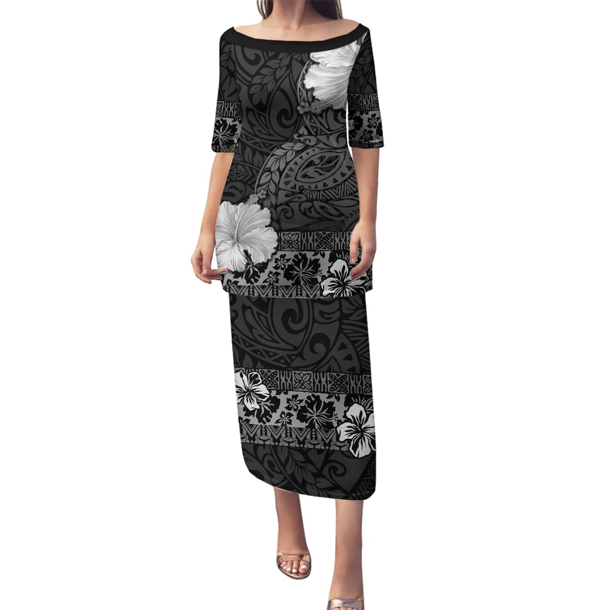 Hawaii Hibiscus With Black Polynesian Pattern Family Matching Puletasi and Hawaiian Shirt LT05 Mom's Dress Black - Polynesian Pride