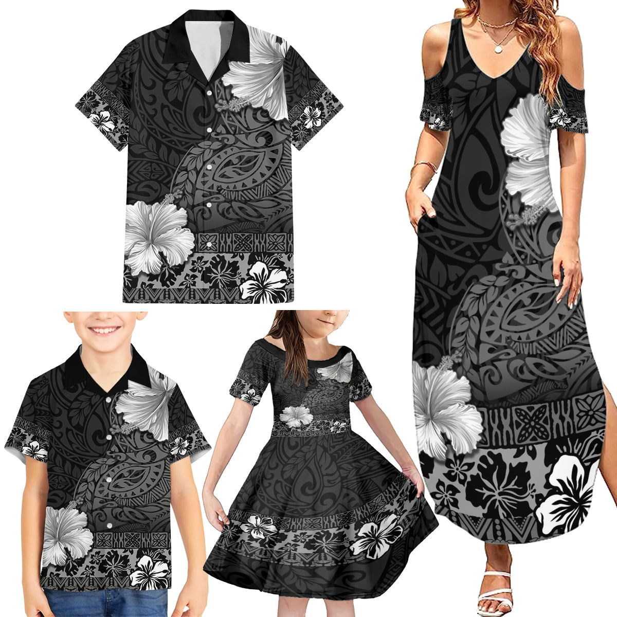 Hawaii Hibiscus With Black Polynesian Pattern Family Matching Summer Maxi Dress and Hawaiian Shirt LT05 - Polynesian Pride