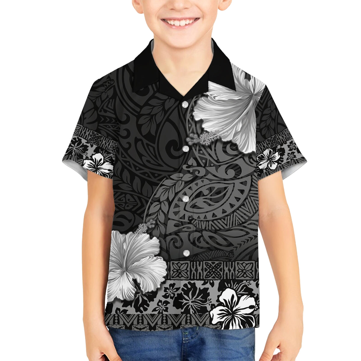 Hawaii Hibiscus With Black Polynesian Pattern Family Matching Tank Maxi Dress and Hawaiian Shirt