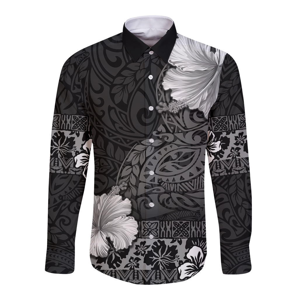 Hawaii Hibiscus With Black Polynesian Pattern Long Sleeve Button Shirt LT05 Unisex Black - Polynesian Pride
