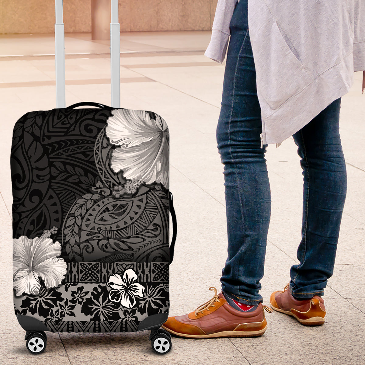 Hawaii Hibiscus With Black Polynesian Pattern Luggage Cover LT05 Black - Polynesian Pride