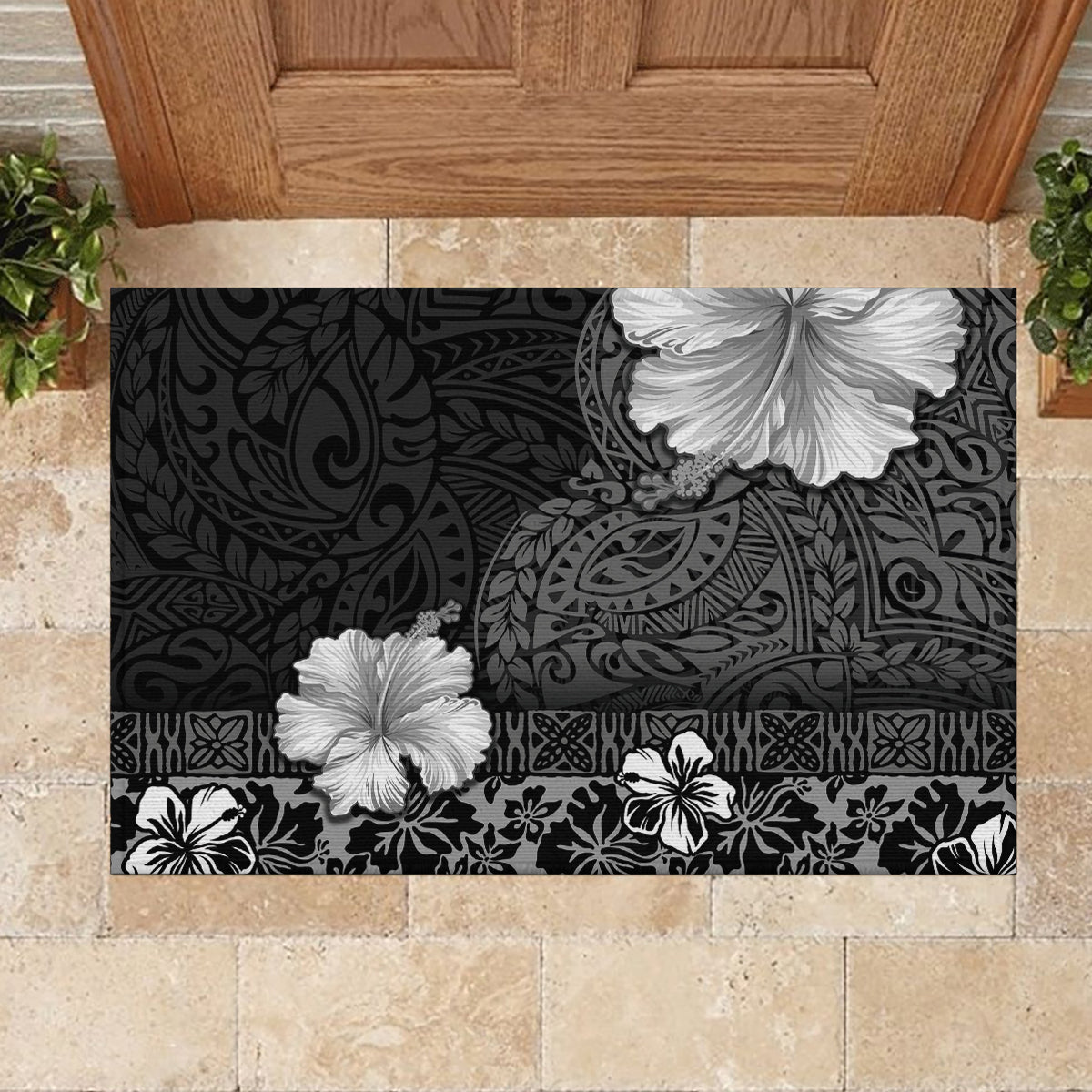 Hawaii Hibiscus With Black Polynesian Pattern Rubber Doormat