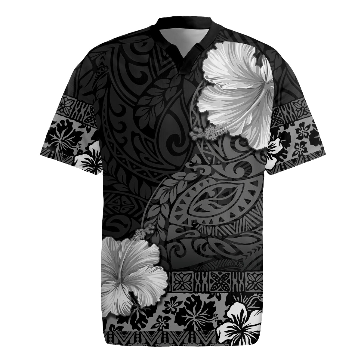 Hawaii Hibiscus With Black Polynesian Pattern Rugby Jersey LT05 Black - Polynesian Pride