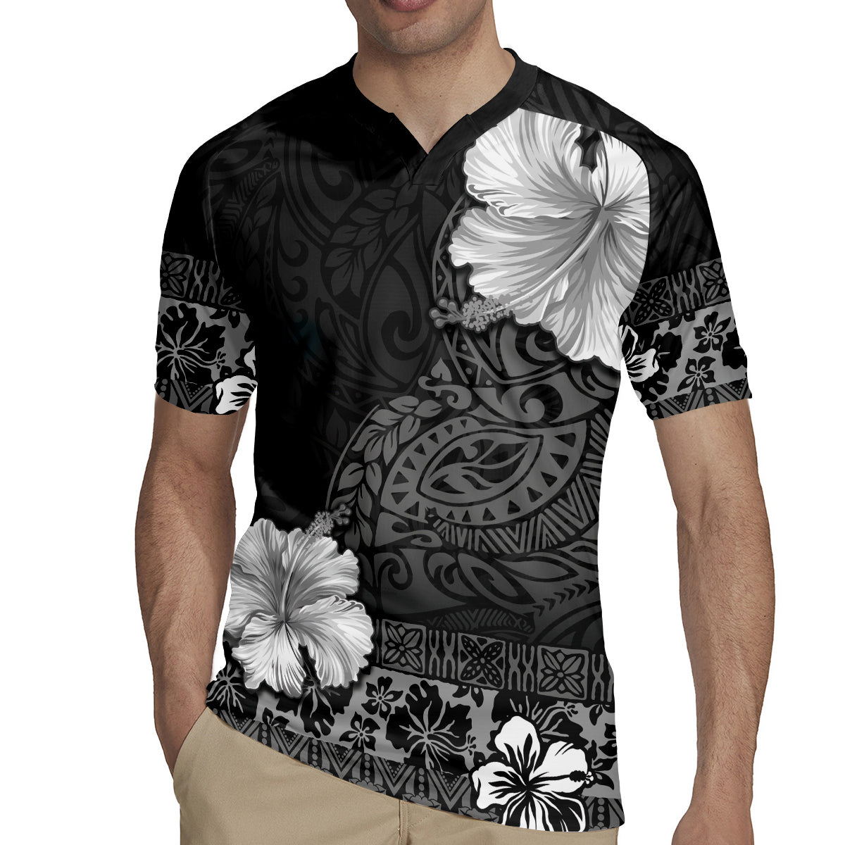 Hawaii Hibiscus With Black Polynesian Pattern Rugby Jersey LT05 - Polynesian Pride