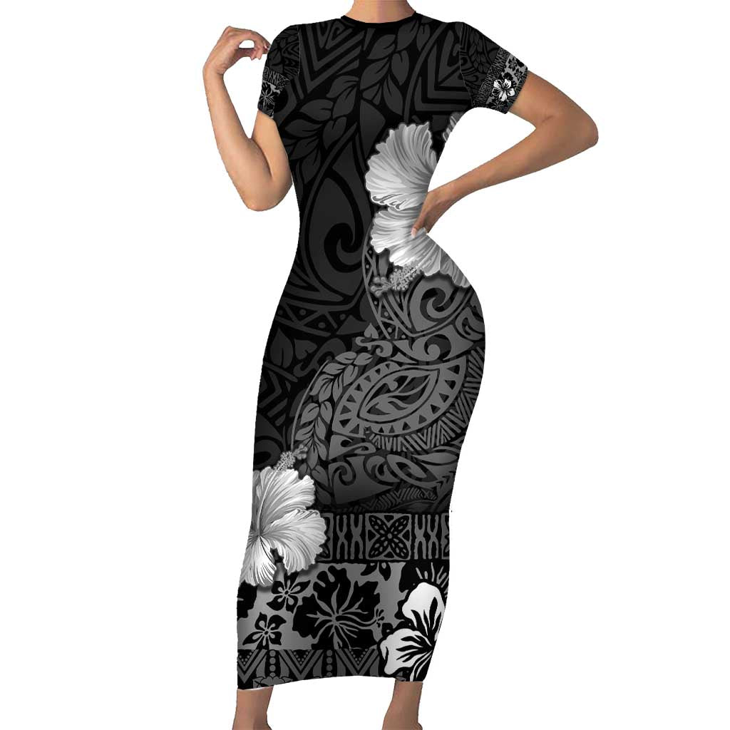 Hawaii Hibiscus With Black Polynesian Pattern Short Sleeve Bodycon Dress LT05 Long Dress Black - Polynesian Pride